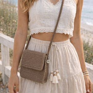 The Sak Crochet Crossbody Bag Taupe Brown Woven Boho Minimalist Small Purse
